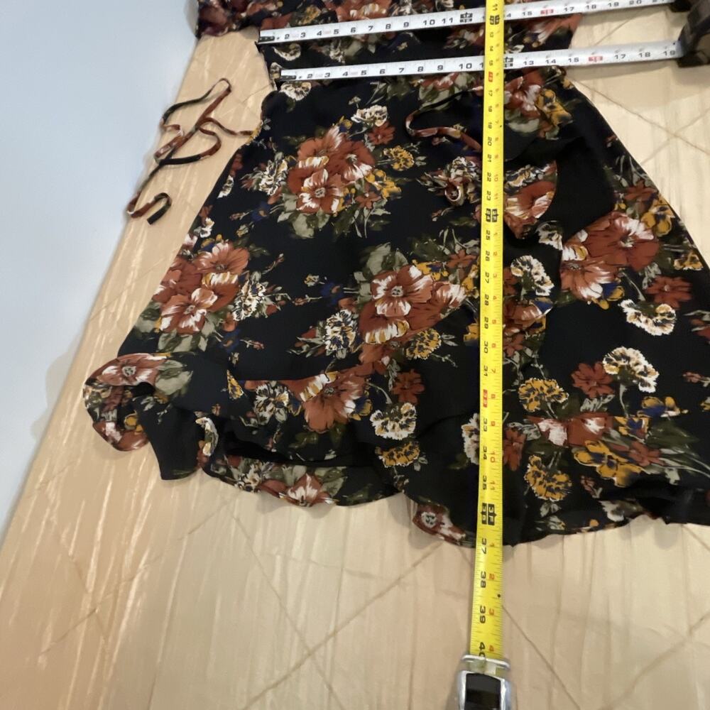 June & Hudson Floral Wrap Dress Women's Size L Black Ruffle Midi Boho V-Neck - Picture 12 of 13